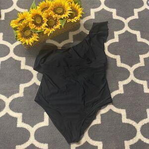 Mynah black one shoulder ruffle Swim suit